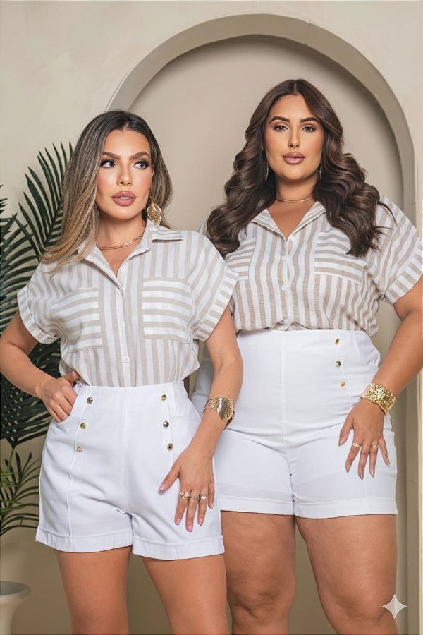 Camisa Manga Curta Listrada Bege Quality Moda Plus Size Milanjus Verão