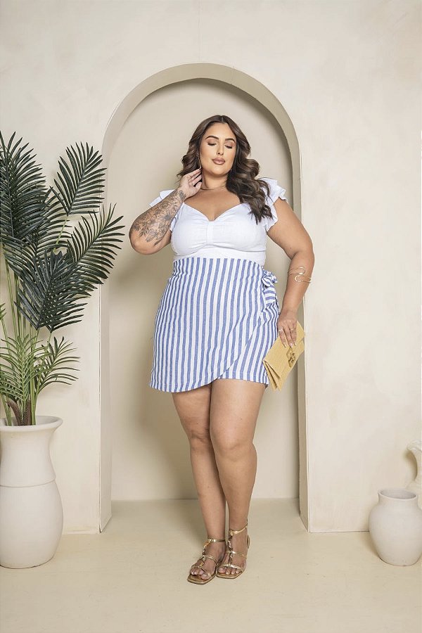 Shorts Saia Listrado Azul Quality Moda Plus Size Milanjus Verão