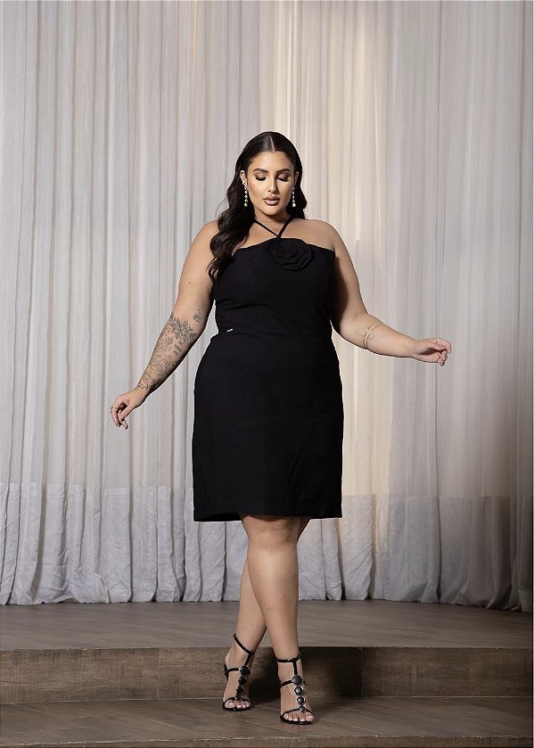 Vestido Flor Preto Quality Moda Plus Size Milliossi Verão