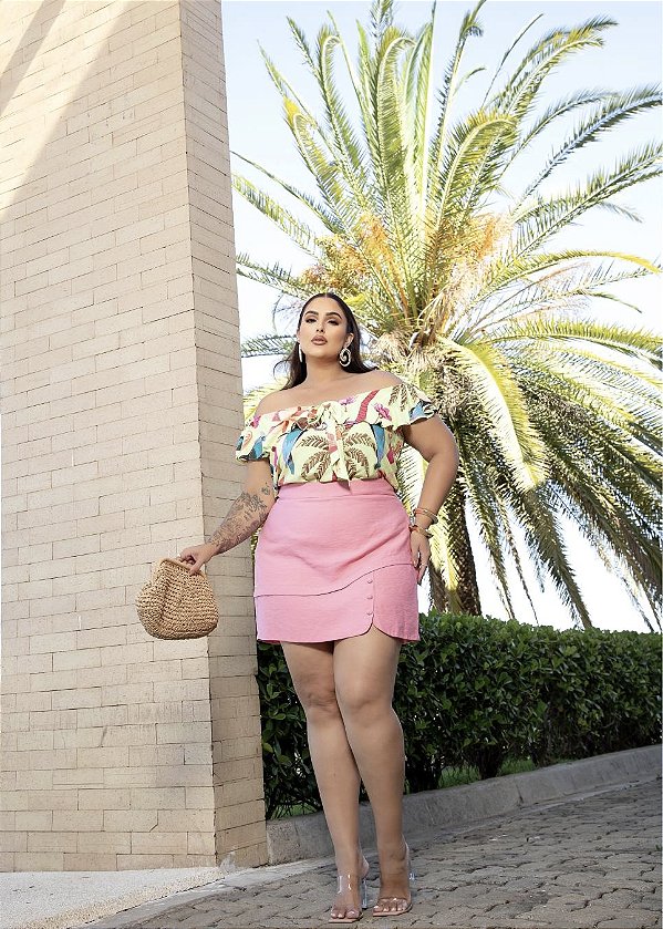 Saia Short Rosa Rosa Quality Moda Plus Size Milliossi Verão