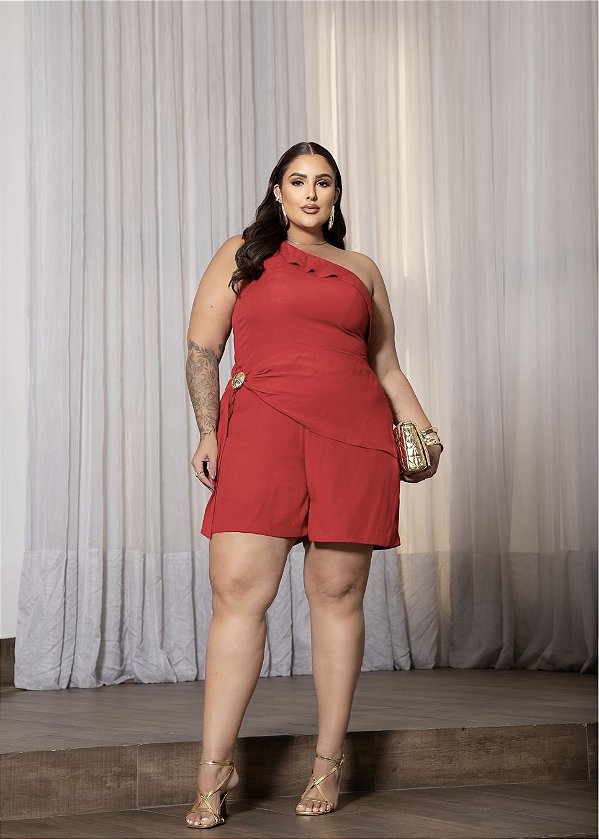 Macaquinho Ombro Único Vermelho Quality Moda Plus Size Milliossi Verão