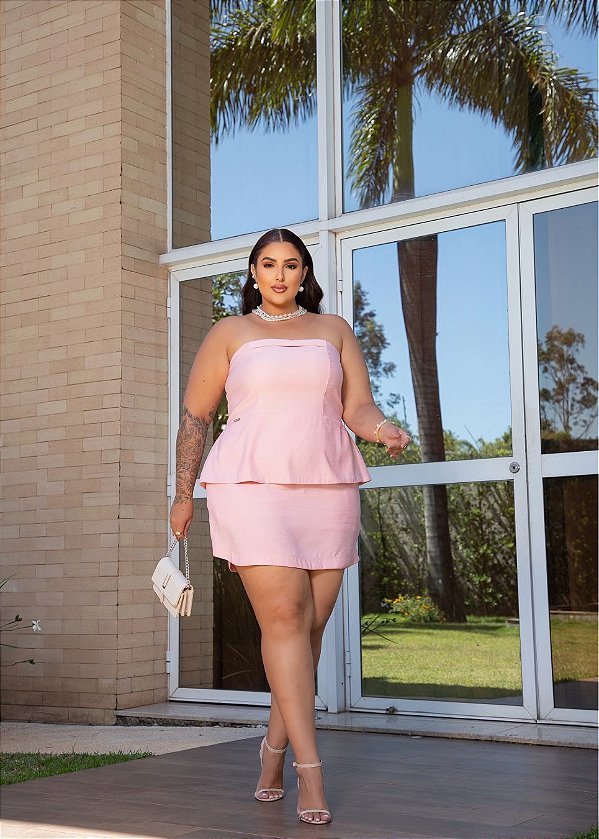 Conjunto Tomara que Caia e Saia Short Rosa Quality Moda Plus Size Milliossi Verão