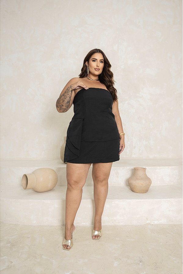 Conjunto Tomara que Caia e Saia Short Preto Quality Moda Plus Size Divas Verão