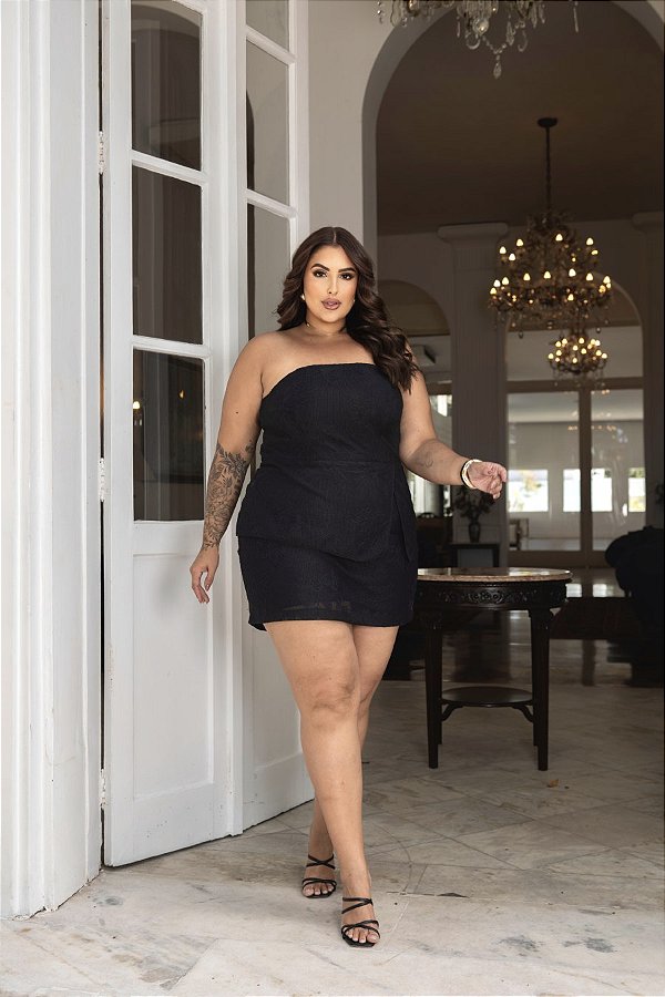 Conjunto Tomara que Caia e Saia Short Preto Quality Moda Plus Size Divas Verão loja