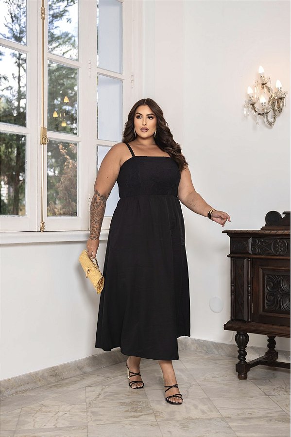 Vestido Midi com Bolso Preto Quality Moda Plus Size Divas Verão loja