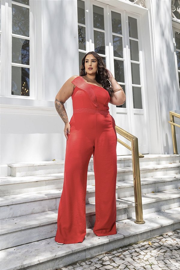 Macacão Pespontado Vermelho Quality Moda Plus Size Divas Verão loja