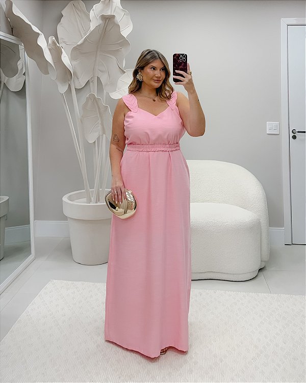 Vestido Longo Alça Larga Rosa Quality Moda Plus Size Milliossi Verão loja