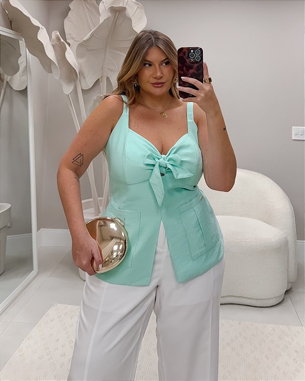 Blusa Regata Laço e Recorte Verde Quality Moda Plus Size Milliossi Verão loja