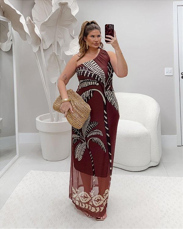 Vestido Ombro Único Tule Marrom Quality Moda Plus Size Duas Verão loja