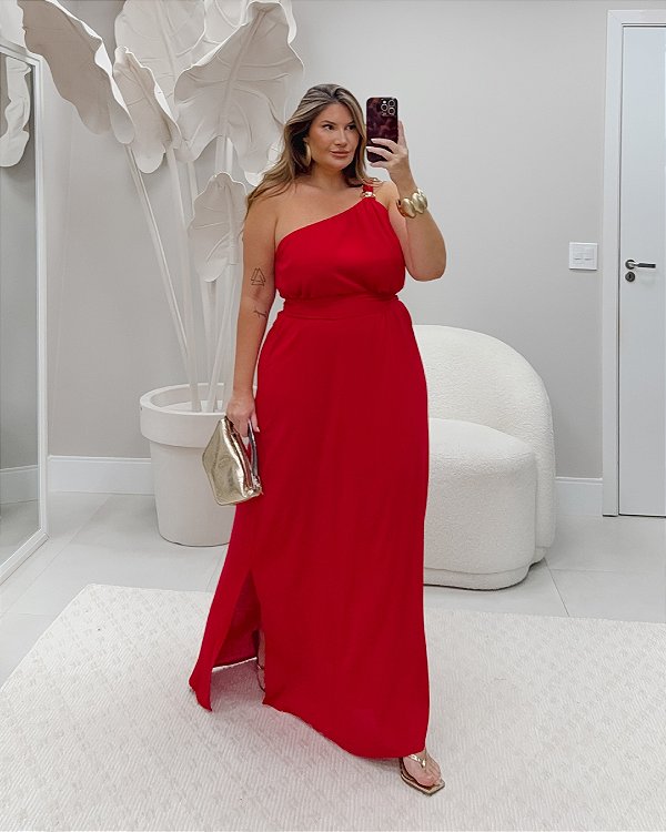 Vestido Longo Fluido Nula Manga com Detalhe em Metal Vermelho Quality Moda Plus Size Milanjus Verão loja