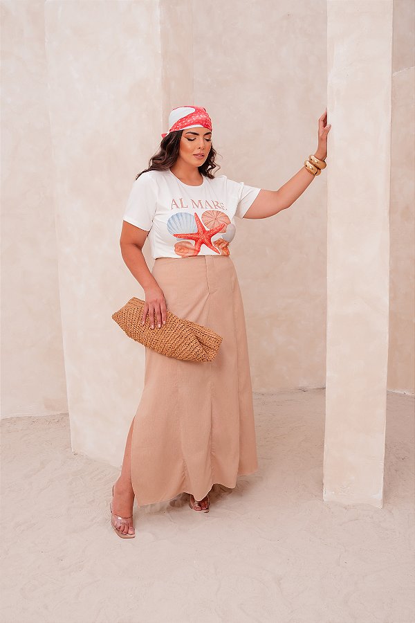 Saia Longa Areia com Fenda Quality Moda Plus Size dub Alto loja