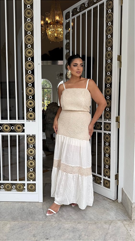 Conjunto Top e Saia Longa Tela Rendada Natural Quality Moda Plus Size Divas Verão loja