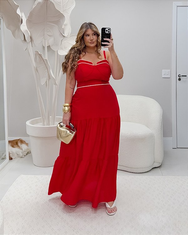 Conjunto Longo Vermelho com Detalhes em Corda e Recortes Marias Quality Moda Plus Size Divas Verão loja