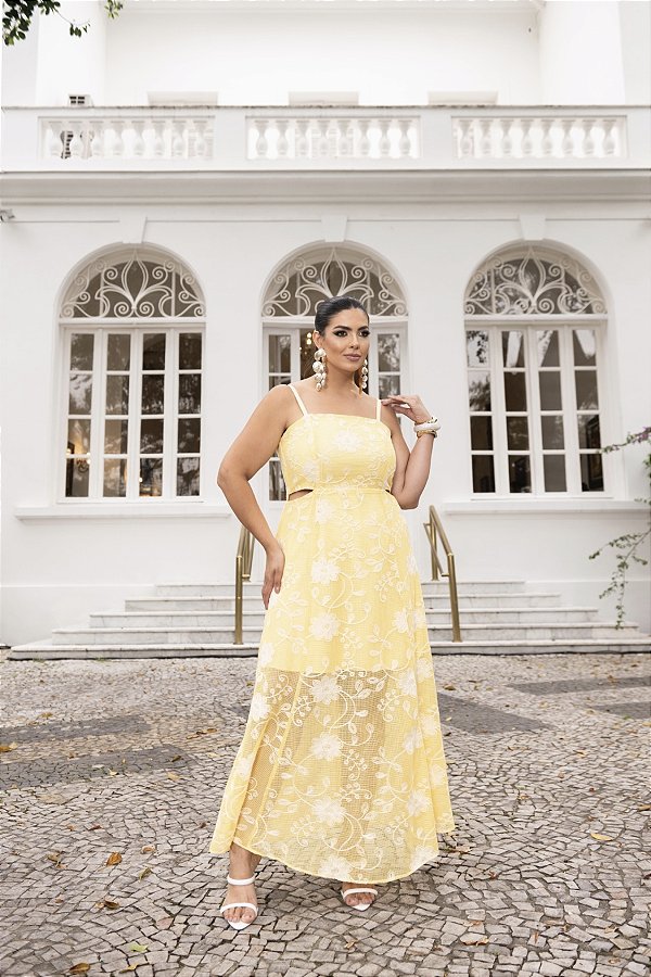 Vestido Longo Amarelo em Bordado Quality Moda Plus Size Divas Verão loja