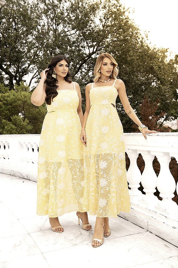 Vestido Longo Amarelo em Bordado Quality Moda Plus Size Dvs