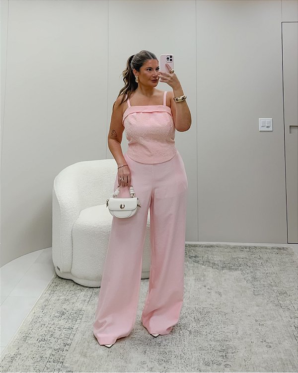 Conjunto Corselet em Renda e Pantalona Rosa Quality Moda Plus Size Dvs