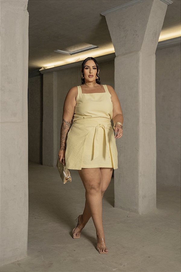 Conjunto Cropped e Saia Short Amarração Amarelo Quality Moda Plus Size Milliossi Verão loja