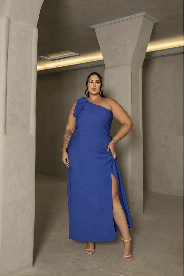 Vestido Ombro Único e Fenda Azul Quality Moda Plus Size Milliossi Verão loja