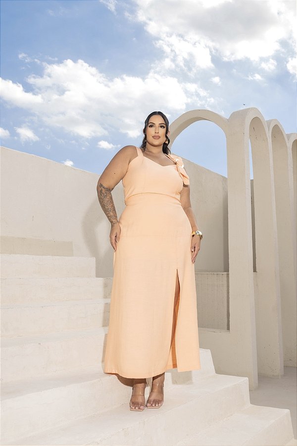 Conjunto Cropped Det. Ombro e Saia Midi Fenda Coral Quality Moda Plus Size Milliossi Verão loja