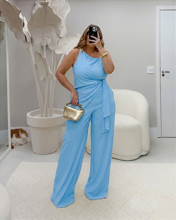 Conjunto Azul Blusa Assimétrica com Faixa e Calça Pantalona Quality Moda Plus Size Divas Verão loja