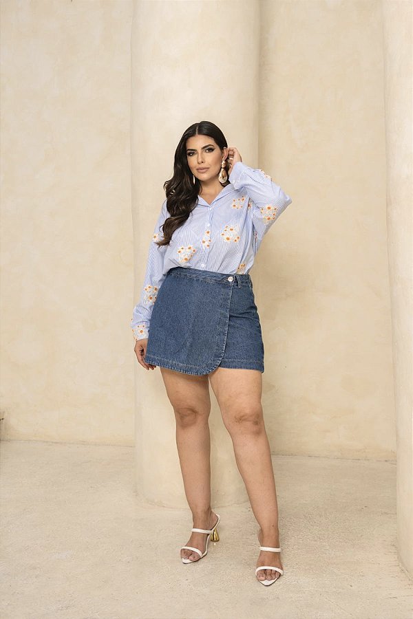 Short Saia Jeans Transpasse Quality Moda Plus Size dvs Alto loja