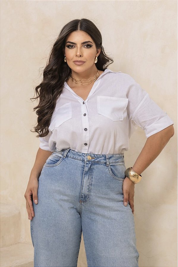 Camisa Manga Curta Martingale Branca Quality Moda Plus Size dvs Alto Pré