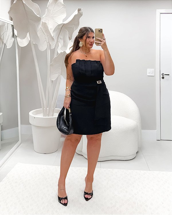 Vestido Preto Tomara que Caia Drapeado Quality Moda Plus Size rml Alto loja