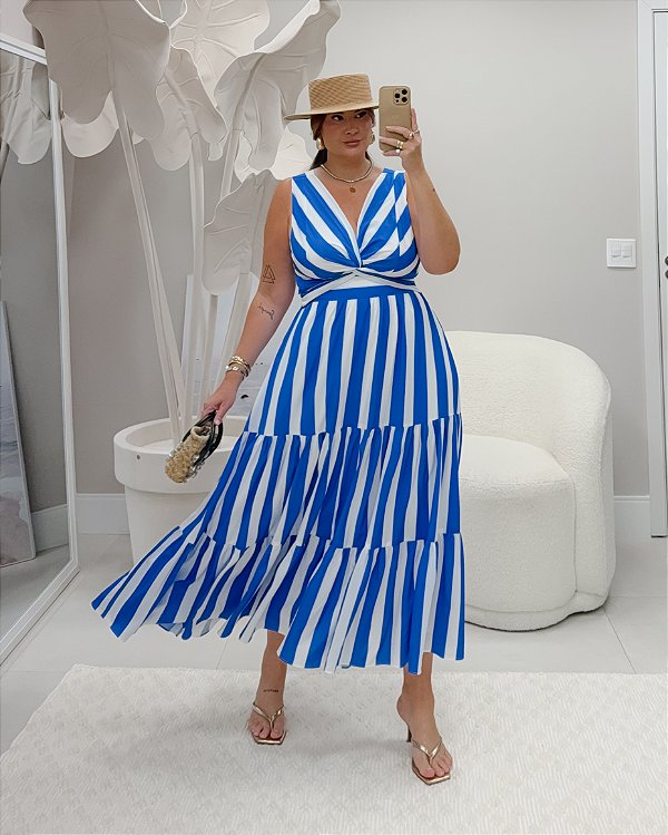 Vestido Midi Listrado Azul Quality Moda Plus Size Alto qbl