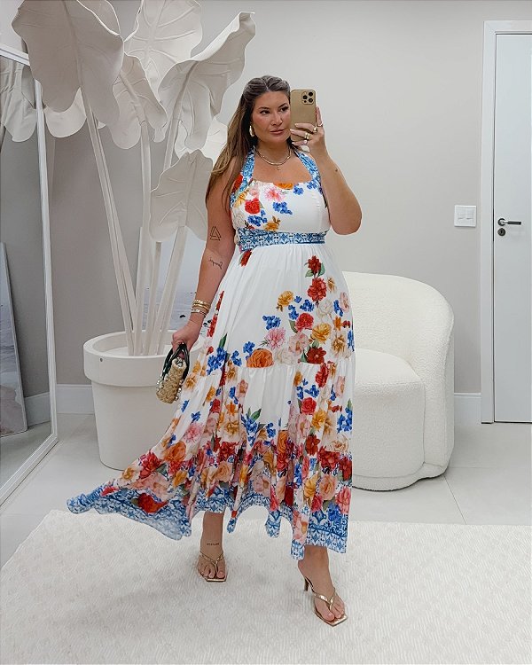 Vestido Midi Estampado Moda Plus Size Alto qbl