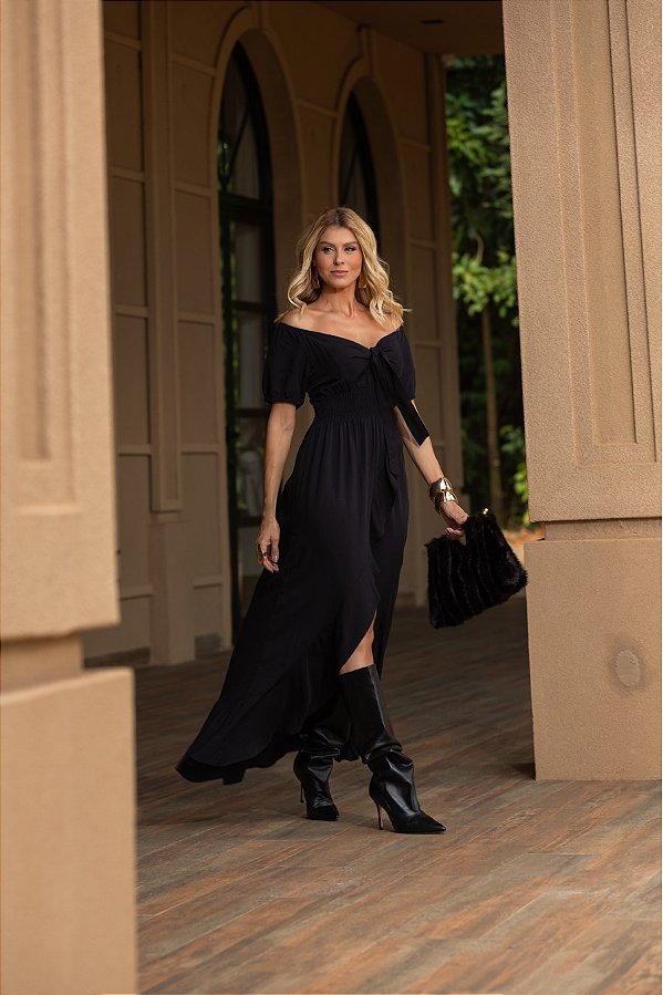 Vestido Laço e Fenda Preto Quality Moda Plus Size rml Alto loja