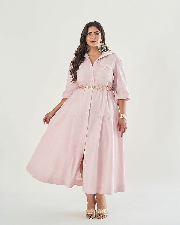 Vestido Midi Cotton Rosa Estampado Moda Plus Size Alto qbl