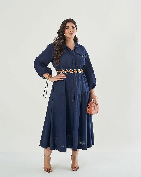Vestido Midi Cotton Marinho Estampado Moda Plus Size Alto qbl