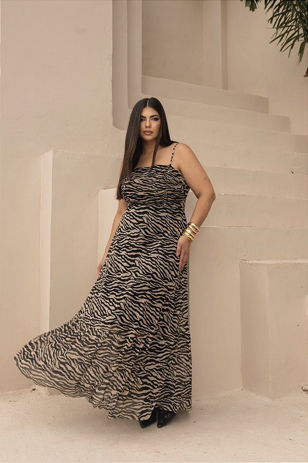 Vestido Tule Drapeado Animal Print Avelã Quality Moda Plus Size dvs Alto