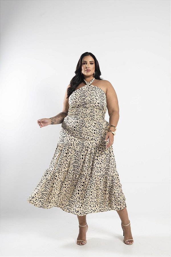 Saia Midi Animal Print Bege Quality Moda Plus Size Alto mlj