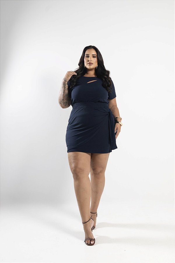 Conjunto Blusa e Saia Canelado Marinho Quality Moda Plus Size Alto mlj