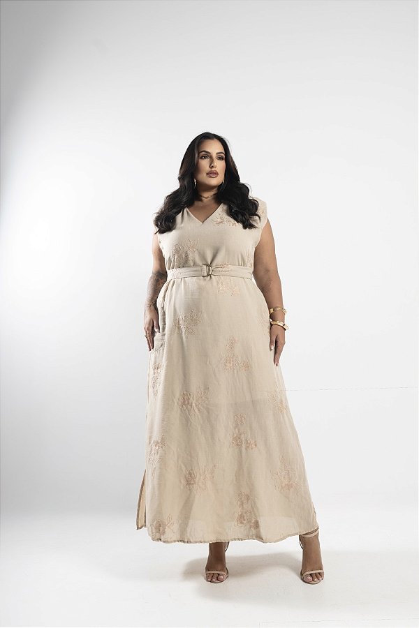 Vestido Longo Linho Bordado Natural Quality Moda Plus Size Alto mlj