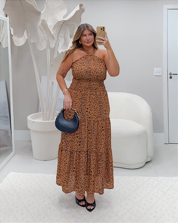 Saia Midi Animal Print Marrom Quality Moda Plus Size Alto mlj