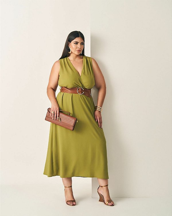 Vestido Midi Workwear Verde Moda Plus Size Alto qbl