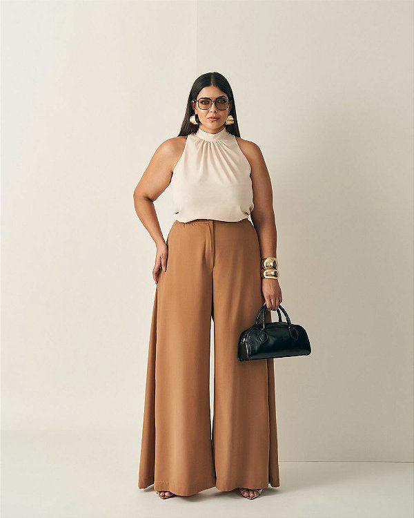 Calça Pantalona Marrom Quality Moda Plus Size Alto qbl Outono Loja