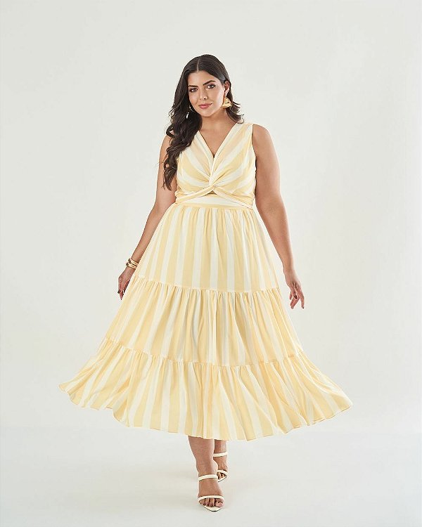 Vestido Midi Listrado Amarelo Quality Moda Plus Size qbl