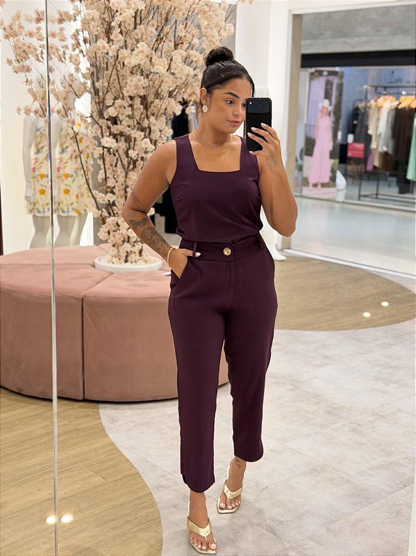 Conjunto Blusa e Calça Reta Beringela Quality Moda Plus Size mca Loja