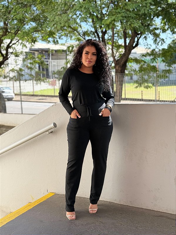Conjunto Blusa ML e Calça Moletinho Preto Quality Moda Plus Size mca outono Loja