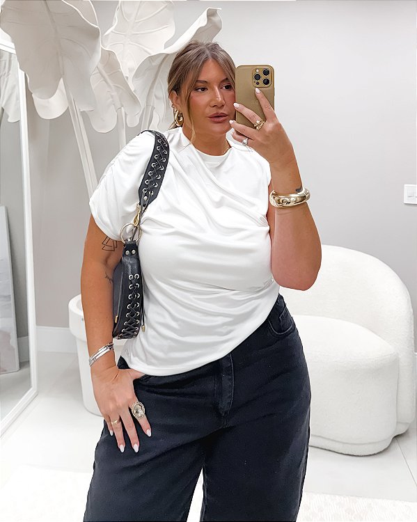 Blusa Assimétrica Drapeada Pérola Quality Moda Plus Size dvs Outono loja