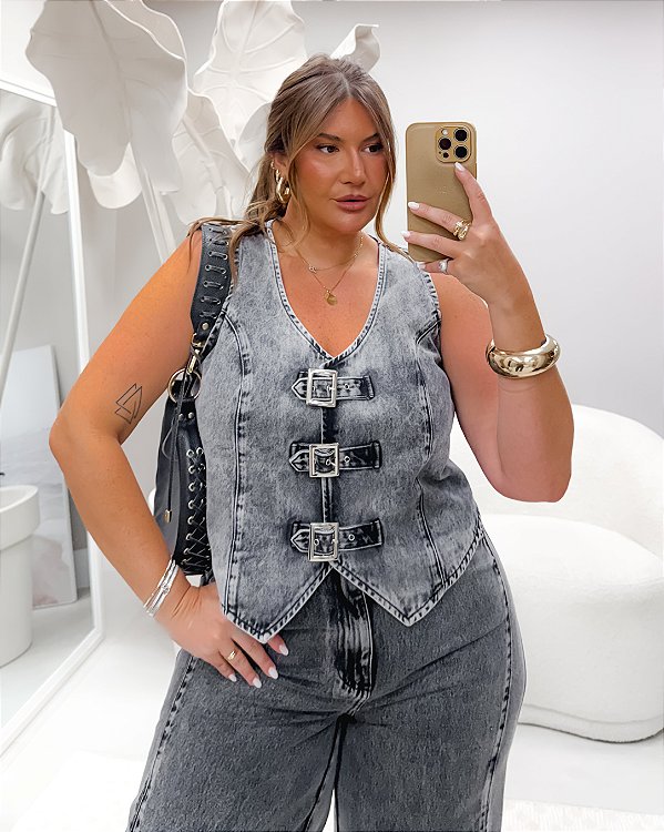 Colete Fivelas Jeans Black Estonado Quality Moda Plus Size dvs Outono loja