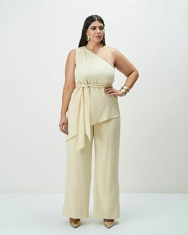 Conjunto Blusa Assimétrica e Pantalona Bege Quality Moda Plus Size Outono qbl