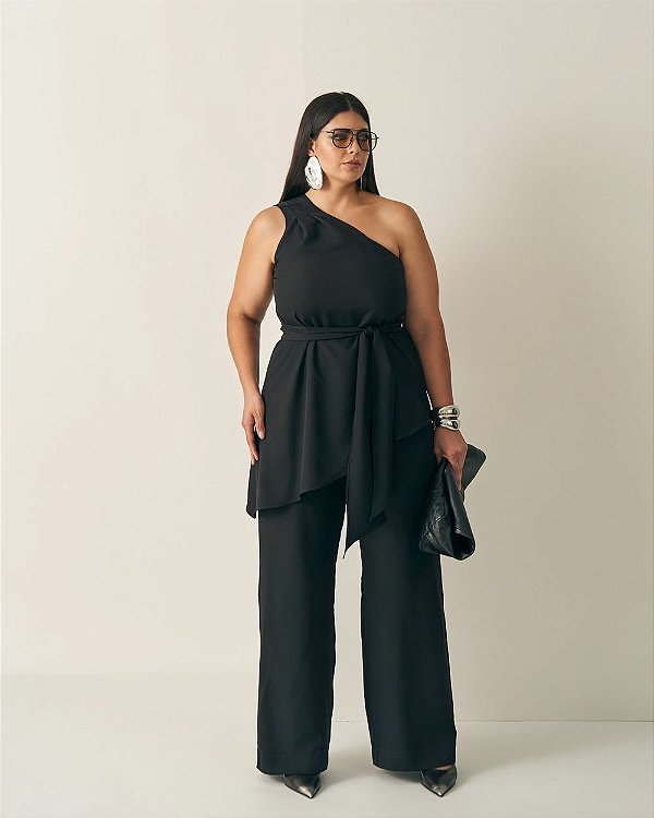 Conjunto Blusa Assimétrica e Pantalona Preto Quality Moda Plus Size Outono qbl