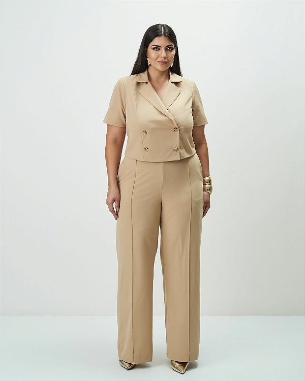 Conjunto Blazer Curto e Calça Bege Quality Moda Plus Size Outono qbl