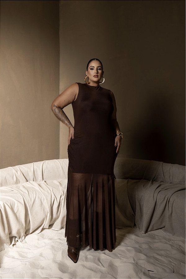 Vestido longo Drapeado em Tule Brownie Quality Moda Plus Size dvs Outono Preview