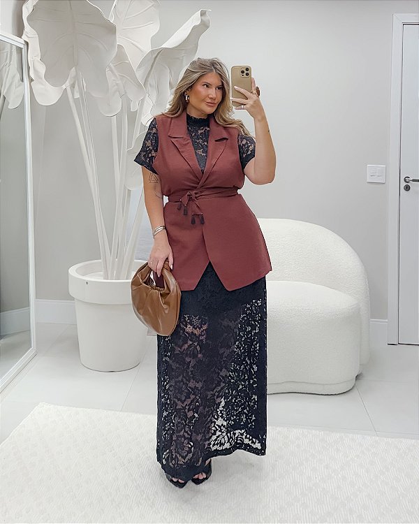 Saia Longa Renda Preta Quality Moda Plus Size dub outono