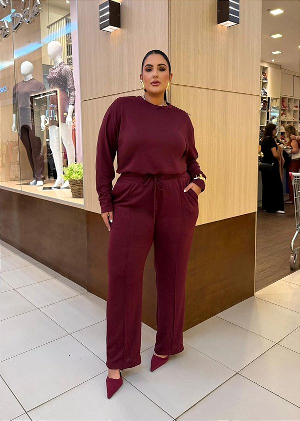 Conjunto Blusa ML e Calça Comfy Tricot Leve Bordo Quality Moda Plus Size Outono mca loja
